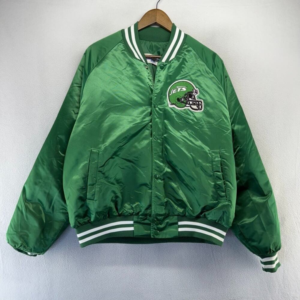 Vintage New York Jets Jacket Mens XL Green Satin bomber Snap USA Made Chalk Line